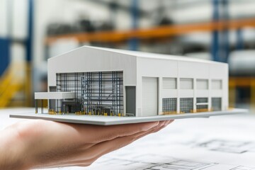 Poster - A hand holds a miniature model of a modern industrial building.