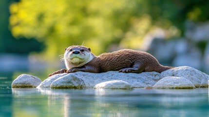 Aufkleber - A serene otter lounging on a rock in calm water, surrounded by lush greenery.
