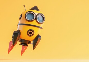 Poster - A whimsical yellow rocket with large eyes and fins, appearing to take flight against a bright background.