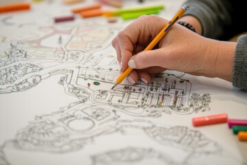 Poster - A hand coloring a detailed map with vibrant crayons, showcasing creativity and leisure.