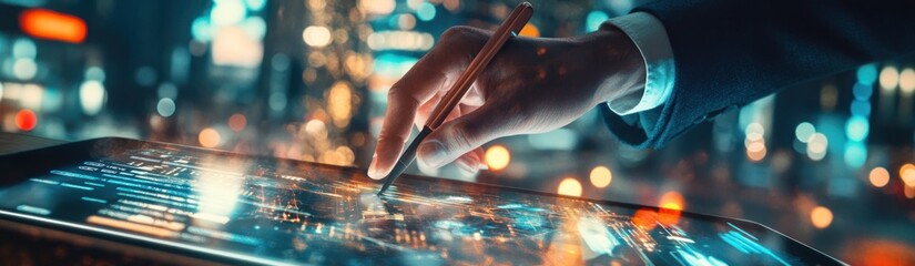 Aufkleber - A hand interacts with a digital tablet displaying data in a modern urban setting.