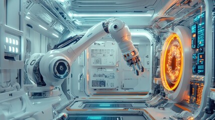 Poster - Robotic Arm in Futuristic Industrial Setting