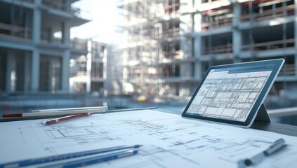 Poster - A construction site with blueprints and a tablet displaying architectural plans.