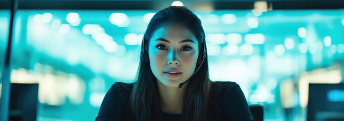 Poster - A focused individual wearing a headset in a high-tech environment.