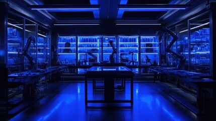 Poster - Robotic Laboratory With Blue Lighting And Glass Shelving