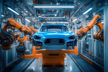 Poster - automobile manufacturing plant, industrial robot painting passenger car blue in paint chamber