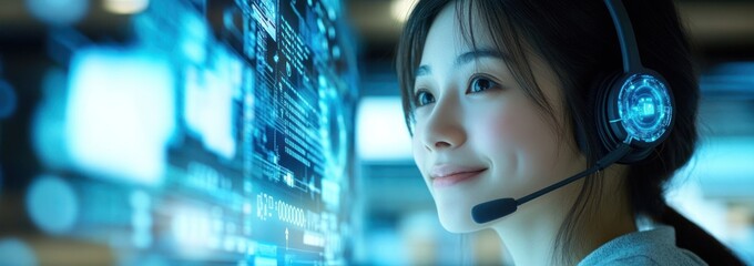 Poster - A young woman with a headset smiles while interacting with digital data on a screen.