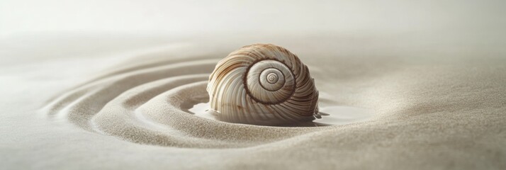 Poster - A close-up of a spiral shell resting on smooth sand, surrounded by gentle waves.