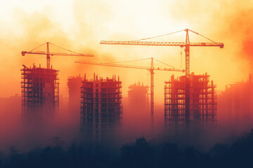 Poster - Dynamic construction activity at vibrant site urban landscape colorful imagery high angle view industry insights