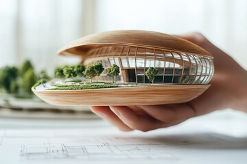 Poster - A hand holds a modern architectural model showcasing greenery and innovative design.