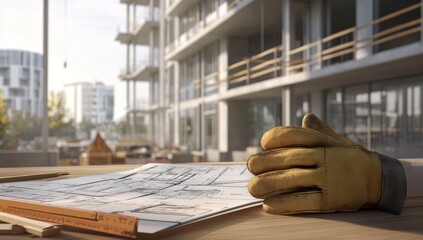 Poster - A construction site with blueprints and a worker's glove on a table.