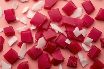 Poster - Colorful pieces of wax or gel arranged on a pink background, showcasing texture and contrast.