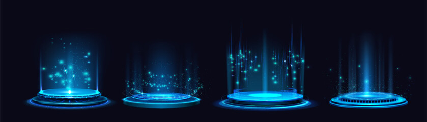 Futuristic hologram platforms with blue glowing neon lights, sparkling particles rising upward from circular bases. Sci fi pedestals with beams and floating dots for product display presentation