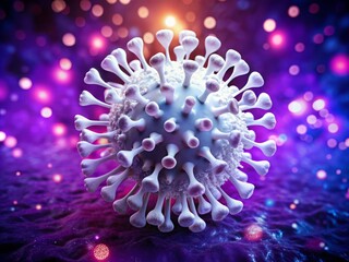 Sticker - Captivating Image of a Single White Virus Against a Bright Purple Background with Bokeh Effect for Scientific and Creative Use in Stock Photography