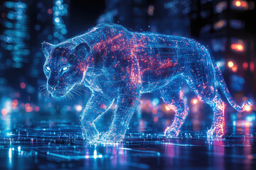 Poster - Futuristic encounter a powerful lion urban landscape digital art cyber environment close-up reimagining wildlife for seo impact