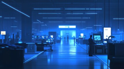 Poster - Futuristic Blue Lit Factory Interior Workstation Scene