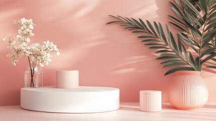 Aufkleber - A white pedestal with a vase of flowers and a vase of leaves on it