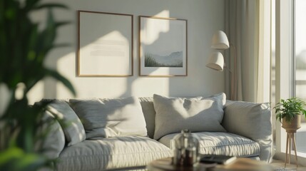 Poster - A living room with a couch and two framed pictures on the wall