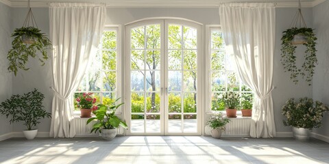 Wall Mural - A spring-themed home with open windows, light curtains flowing in the breeze, and flower pots on windowsills, creating a fresh atmosphere.