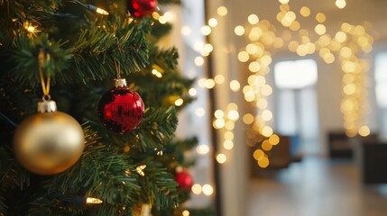 Poster - A Christmas tree with a gold ornament and red ornament hanging from it