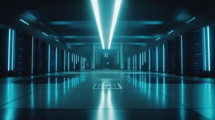 Poster - Futuristic Server Room Corridor Illuminated By Cyan Lights