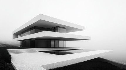 Poster - Showcasing minimalist design in architecture a simple building amidst a serene landscape for visual aesthetics