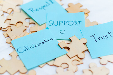 Poster - Collaboration and support in business a puzzle of trust in modern workspaces inspirational environment thoughtful viewpoint