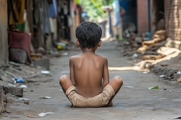 Back view of shirtless child sitting in poverty-stricken alleyway in india, depicting poverty and social issues