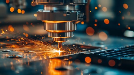 Poster - A machine is cutting through metal, creating sparks and fire