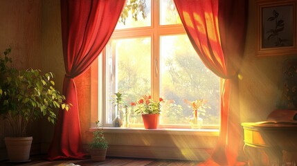 Wall Mural - Bright and Cheerful Sunlight Streaming Through a Window with Flowing Red Curtains, Illuminating Potted Plants and a Cozy Interior Space