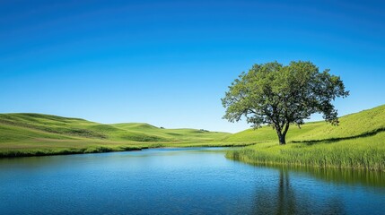 Wall Mural - Serene Landscape with Lush Green Hill, Tranquil Waterbody, and a Majestic Tree Under Clear Blue Sky at Daylight, Perfect for Nature Enthusiasts and Outdoor Lovers