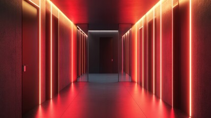 Poster - Red Neon Lights Illuminate Modern Corridor Walls