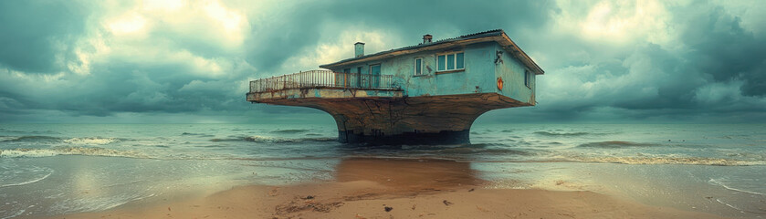 Poster - Defying gravity surreal floating building over water coastal landscape dreamlike perspective