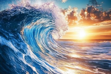 Wall Mural - dynamic ocean wave crashing under sunset sky with beautiful light reflections and splashes of water 