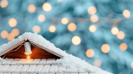 Wall Mural - Snow-covered house with festive lights in winter.
