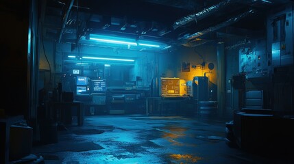 Poster - Futuristic Underground Laboratory Neon Lit Room