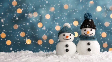Wall Mural - Snowmen wearing hats against a snowy backdrop.