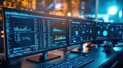 Poster - Multiple Monitors Displaying Data Graphs And Code