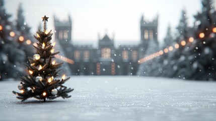 Wall Mural - Snowy landscape with a decorated Christmas tree.