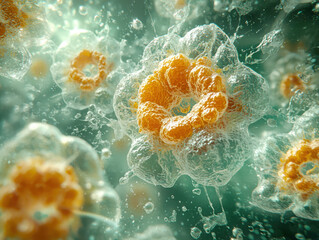 Poster - Exploring the microscopic world a symbolic representation of cellular life in high detail scientific visualization underwater environment concept of biology