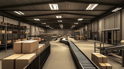 Aufkleber - Modern Warehouse Interior With Conveyor Belt System And Cardboard Boxes