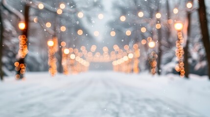 Wall Mural - Snowy pathway adorned with glowing holiday lights.