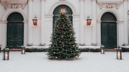 Wall Mural - Snowy scene with a decorated Christmas tree.