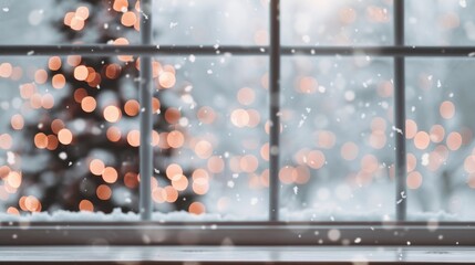 Wall Mural - Snowy window view with festive lights outside.