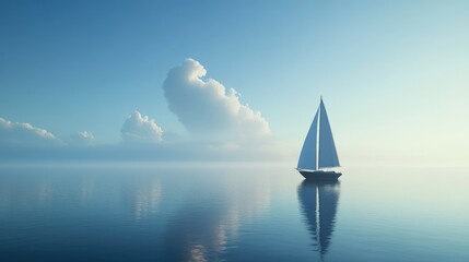 Wall Mural - Tranquil Sailboat on Serene Water Under Soft Blue Sky with Gentle Clouds, Capturing the Essence of Peaceful Seascape and Nautical Adventure