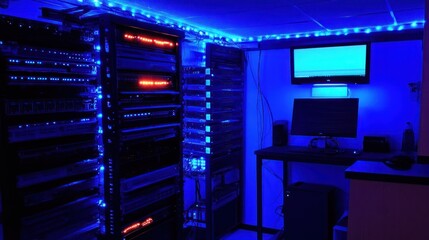 Poster - Network Server Room Illuminated With Blue Lighting
