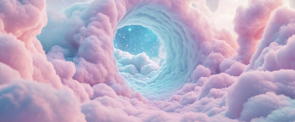 Wall Mural - a surreal illustration of an endless tunnel made from clouds, the center opens to reveal a starry sk