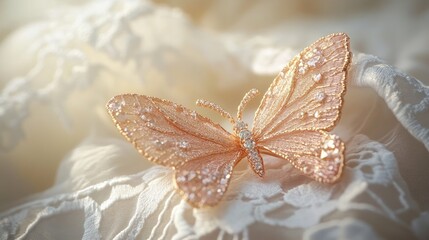 Wall Mural - A sparkling pink gold brooch in the shape of a butterfly resting on lace