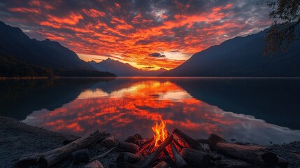 Wall Mural - Majestic Sunset Over Calm Lake with Vibrant Clouds and Warm Bonfire Illuminating Rocks Along Tranquil Shoreline in a Mountainous Landscape