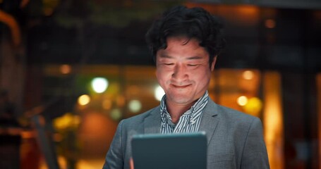 Poster - Happy, tablet and business Asian man at night for communication, typing email and networking. Professional, corporate and Japanese worker on digital tech for connection, contact and internet in city